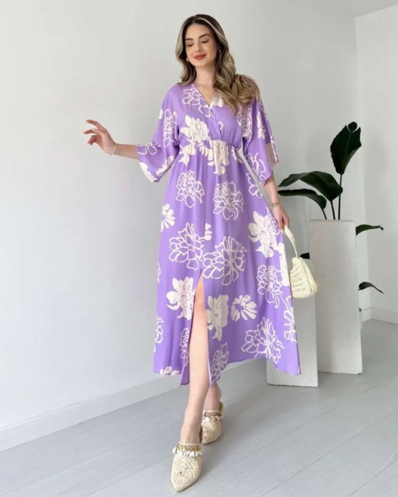 Pimu Front Slit Midi Dresses V-neck Designs For Women Party Wear - Purple | Grocsy
