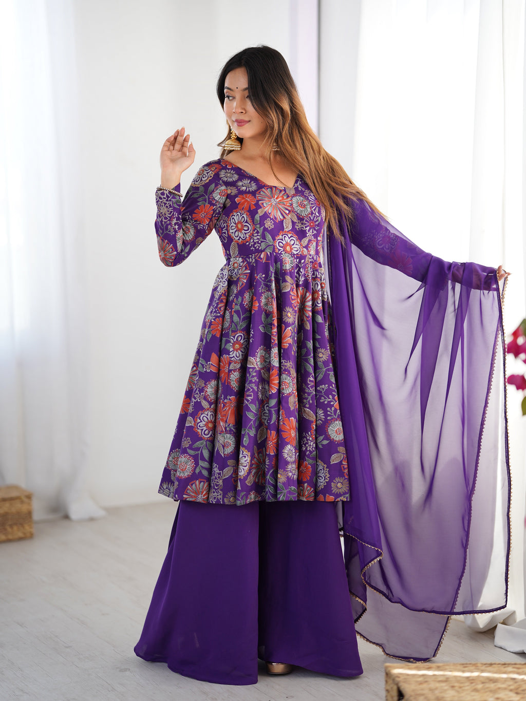 Lorenvalley Women Pure Soft Roman silk Chanderi Discharge Print Fabric Kediya Kurta Palazzo with Dupatta Set | Grocsy