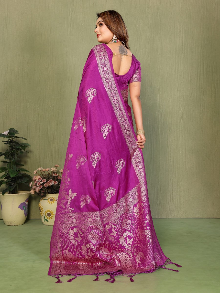 Anaita Purple Zari Butta Work Satin Silk Saree With Blouse | Grocsy