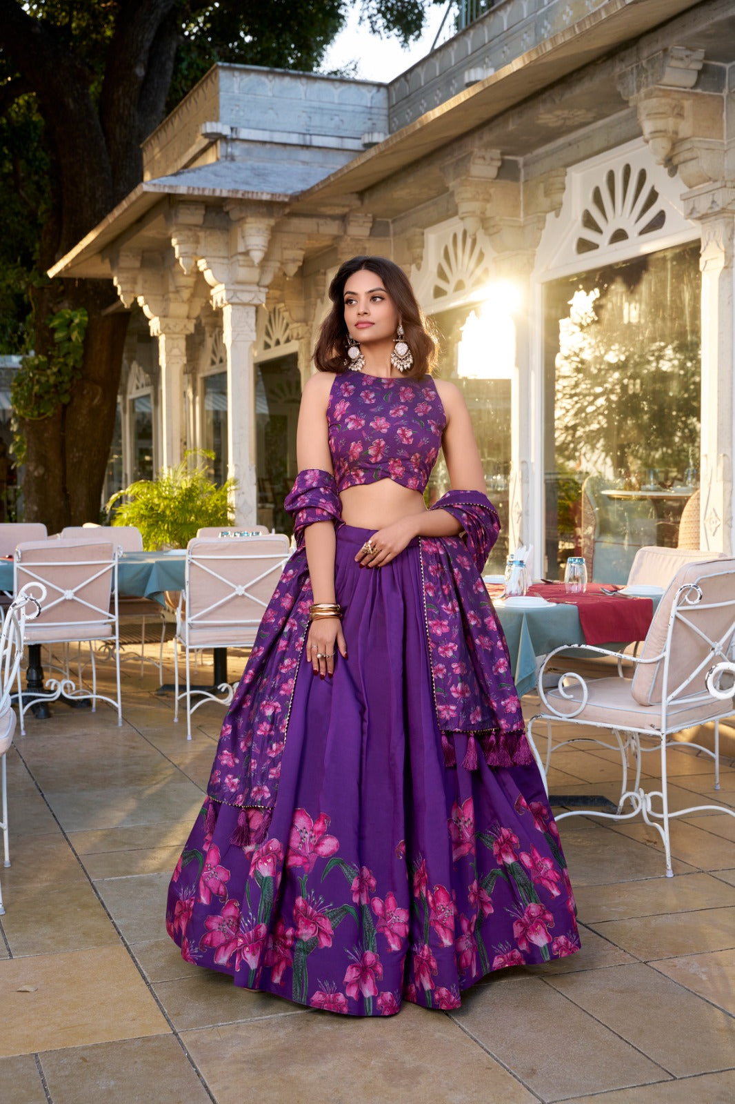 Lorenvalley Purple Tussar Silk Floral Print With Foil Work Lehenga Choli with Dupatta | Grocsy