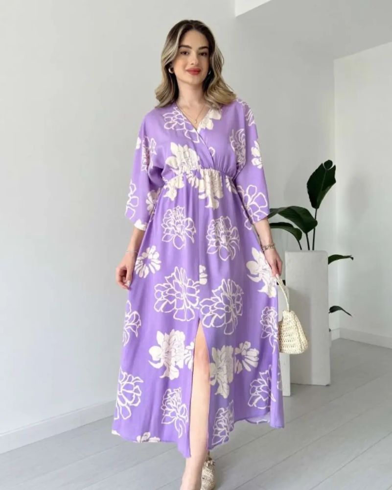 Pimu Front Slit Midi Dresses V-neck Designs For Women Party Wear - Purple | Grocsy