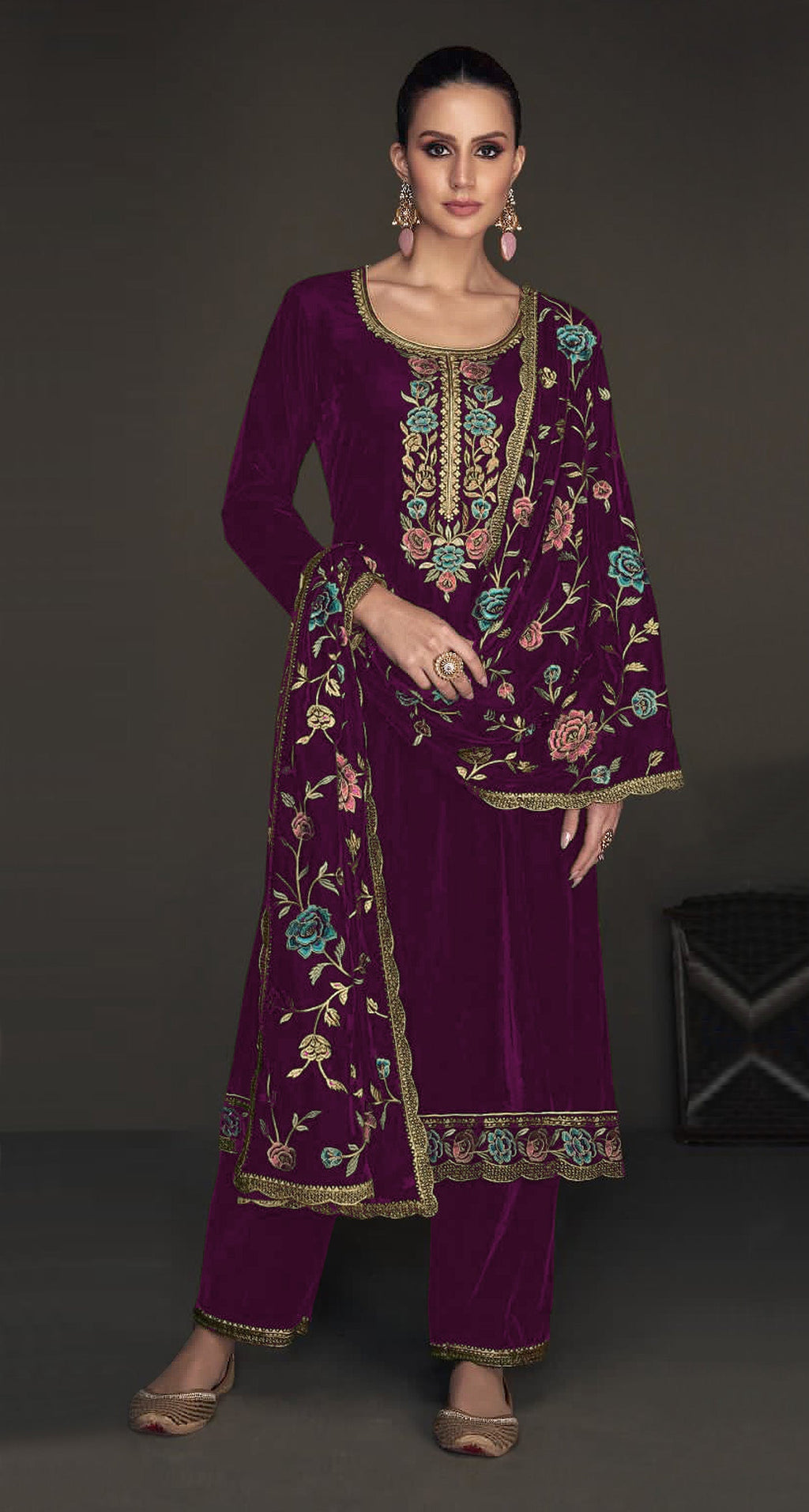 Lorenvalley Fashion Women Purple Velvet Embroidered Salwar Suit Material | Grocsy
