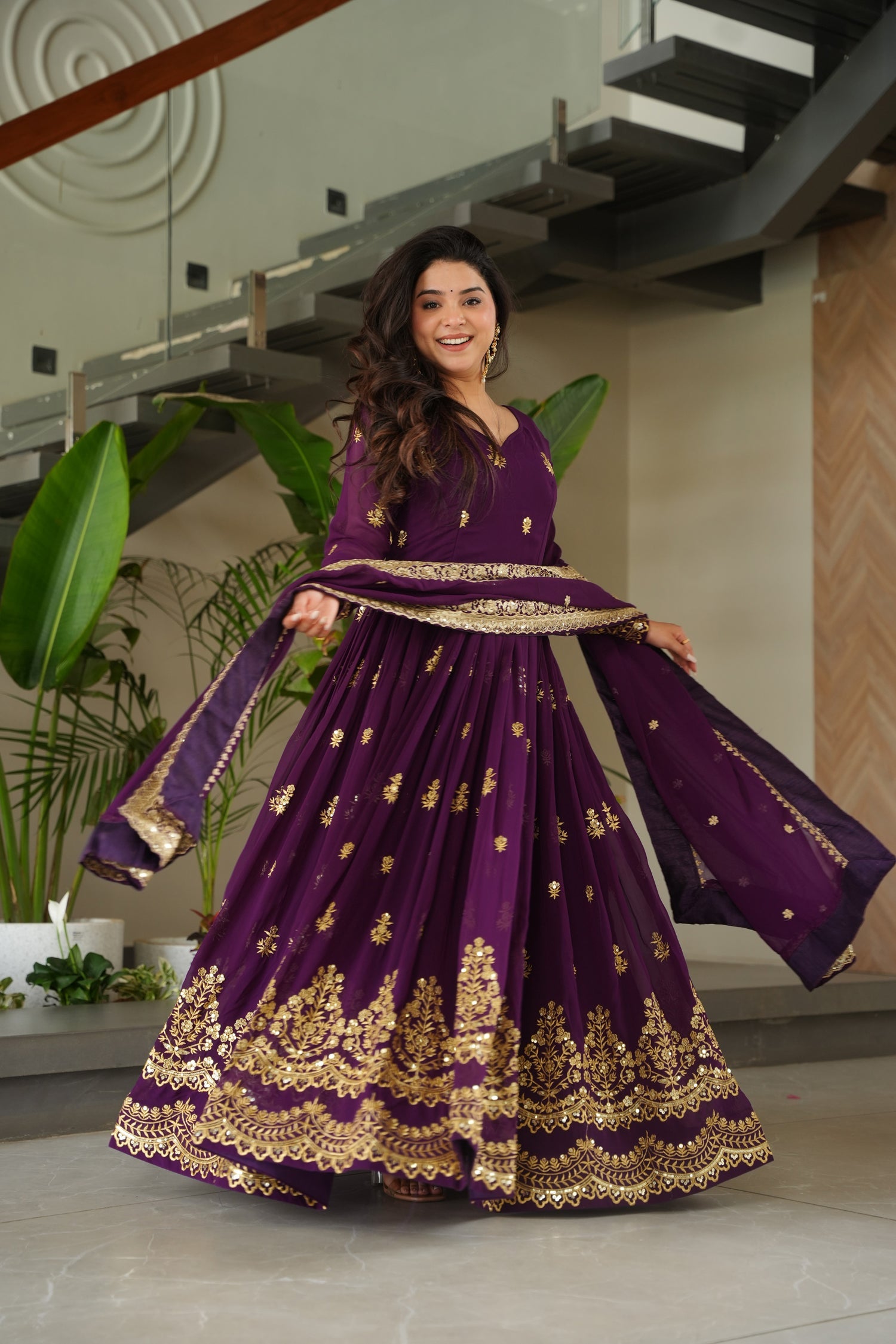 Lorenvalley Fashion Purple Faux Georgette with Zari & Sequins Embroidered Work Anarkali Gown with Dupatta | Grocsy