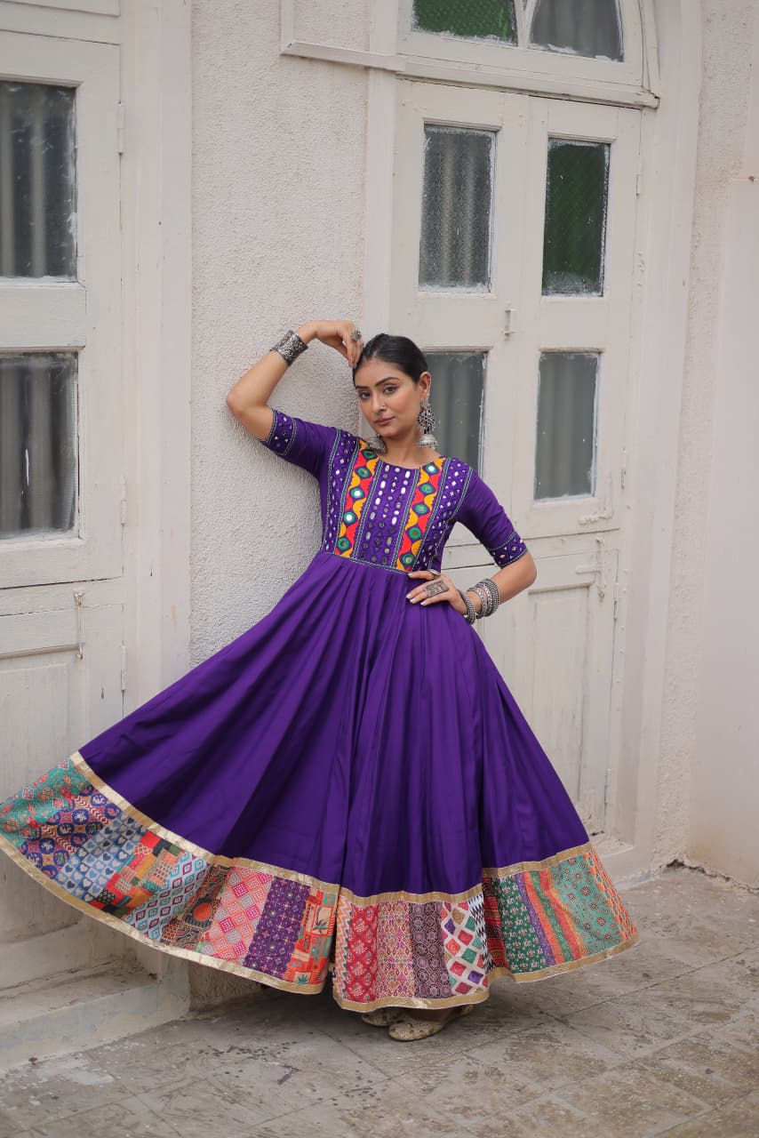 Lorenvalley Fashion Purple Roman Silk with Thread with mirror work & Maslin Crochet Print Work Gown | Grocsy
