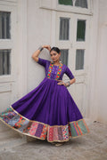 Lorenvalley Fashion Purple Roman Silk with Thread with mirror work & Maslin Crochet Print Work Gown | Grocsy