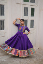 Lorenvalley Fashion Purple Roman Silk with Thread with mirror work & Maslin Crochet Print Work Gown | Grocsy