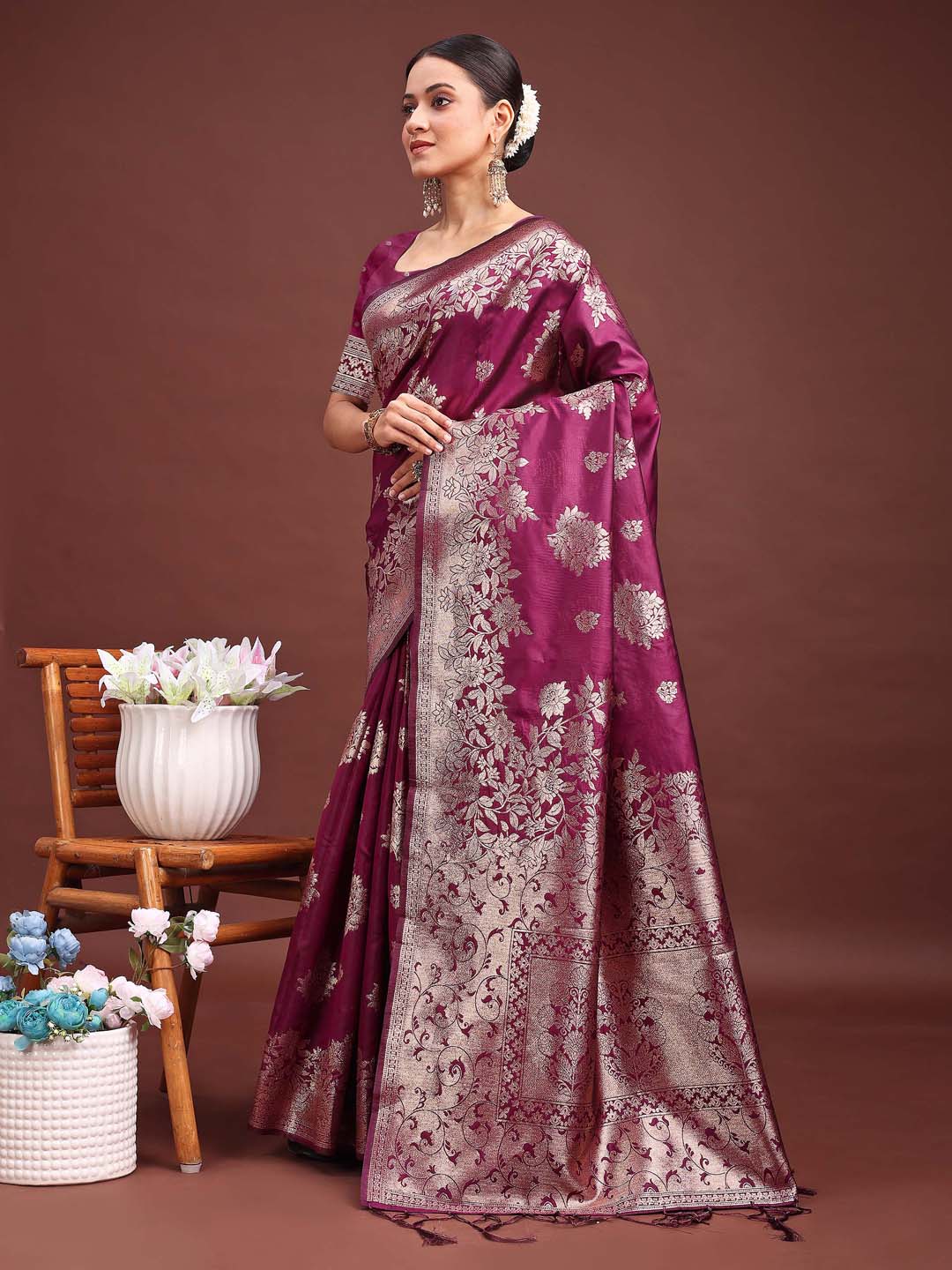 Anaita Purple Banarasi Silk Woven Work Saree With Blouse | Grocsy