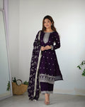 Lorenvalley Purple Rangoli Silk Embroidery Sequence and Jari Work Kurta Trousers with Dupatta Set | Grocsy