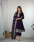 Lorenvalley Purple Rangoli Silk Embroidery Sequence and Jari Work Kurta Trousers with Dupatta Set | Grocsy