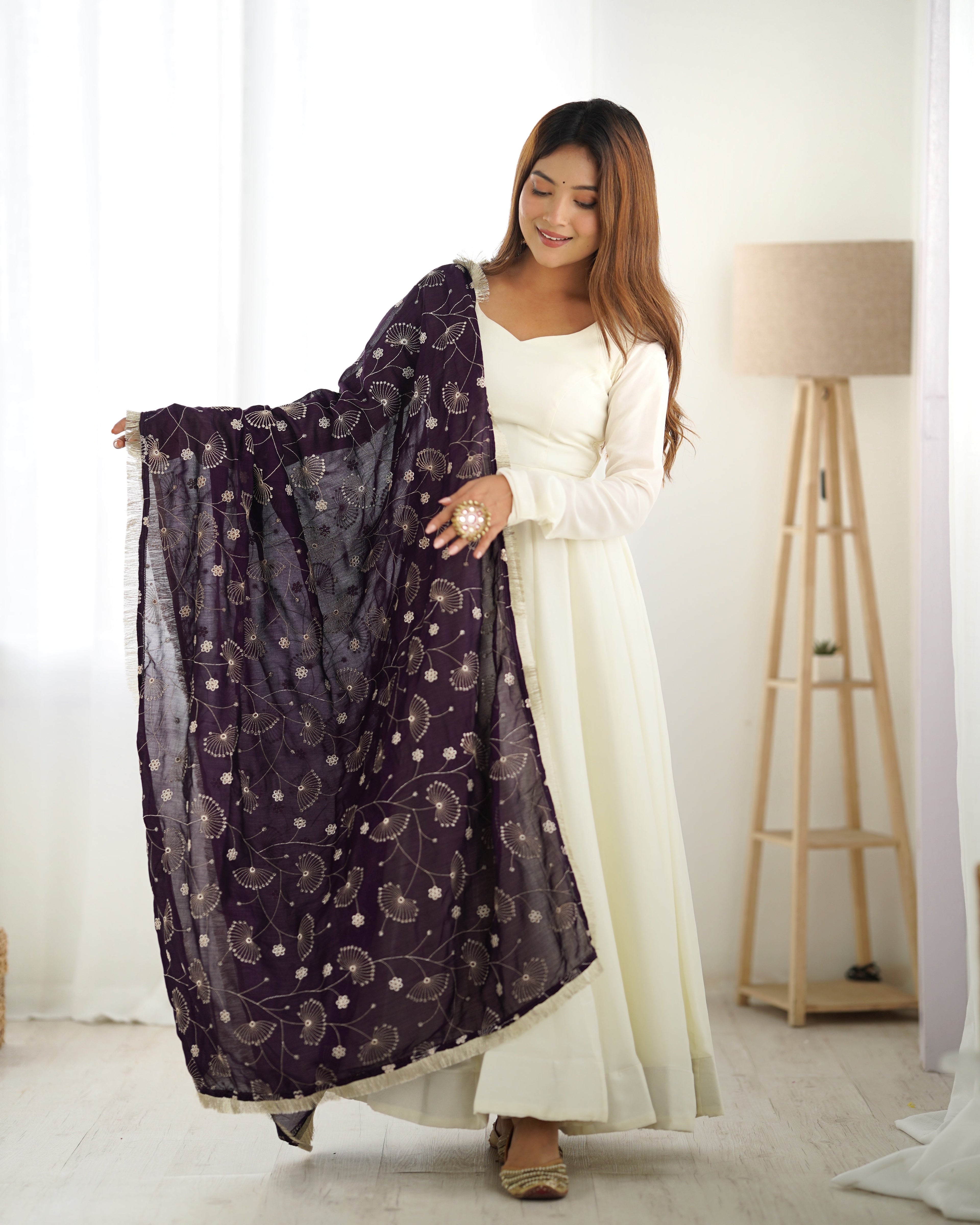 Lorenvalley White Vichitra Silk Fabric Fully Flared Anarkali Pant With Dupatta Set | Grocsy