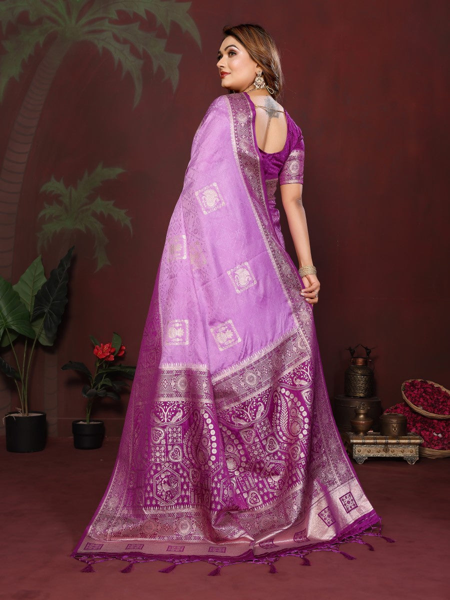 Anaita Purple Zari Butta Work Satin Silk Saree With Blouse | Grocsy