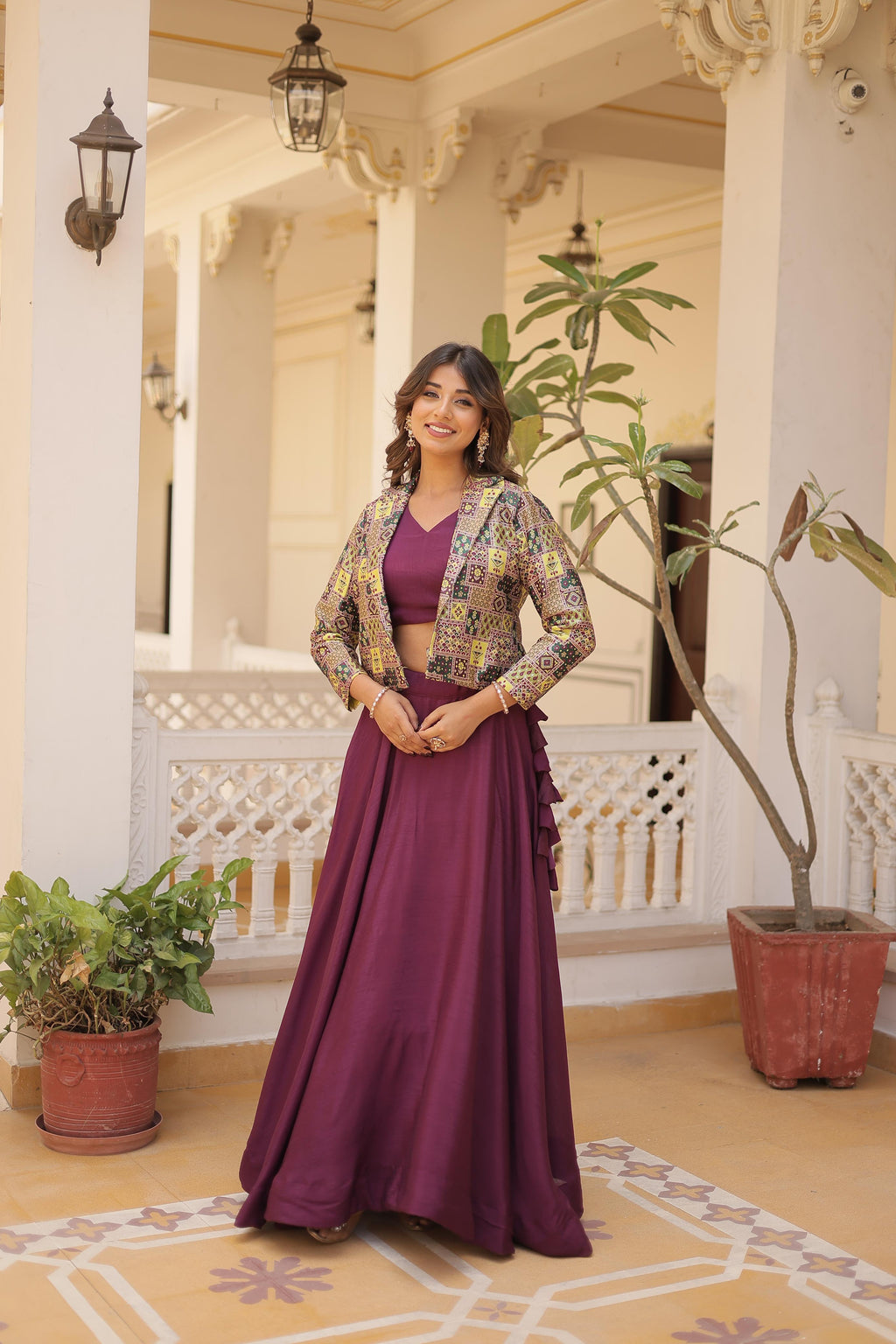 Lorenvalley Purple Premium Chinnon Lehenga Choli with Jacquard Woven Design Koti | Grocsy