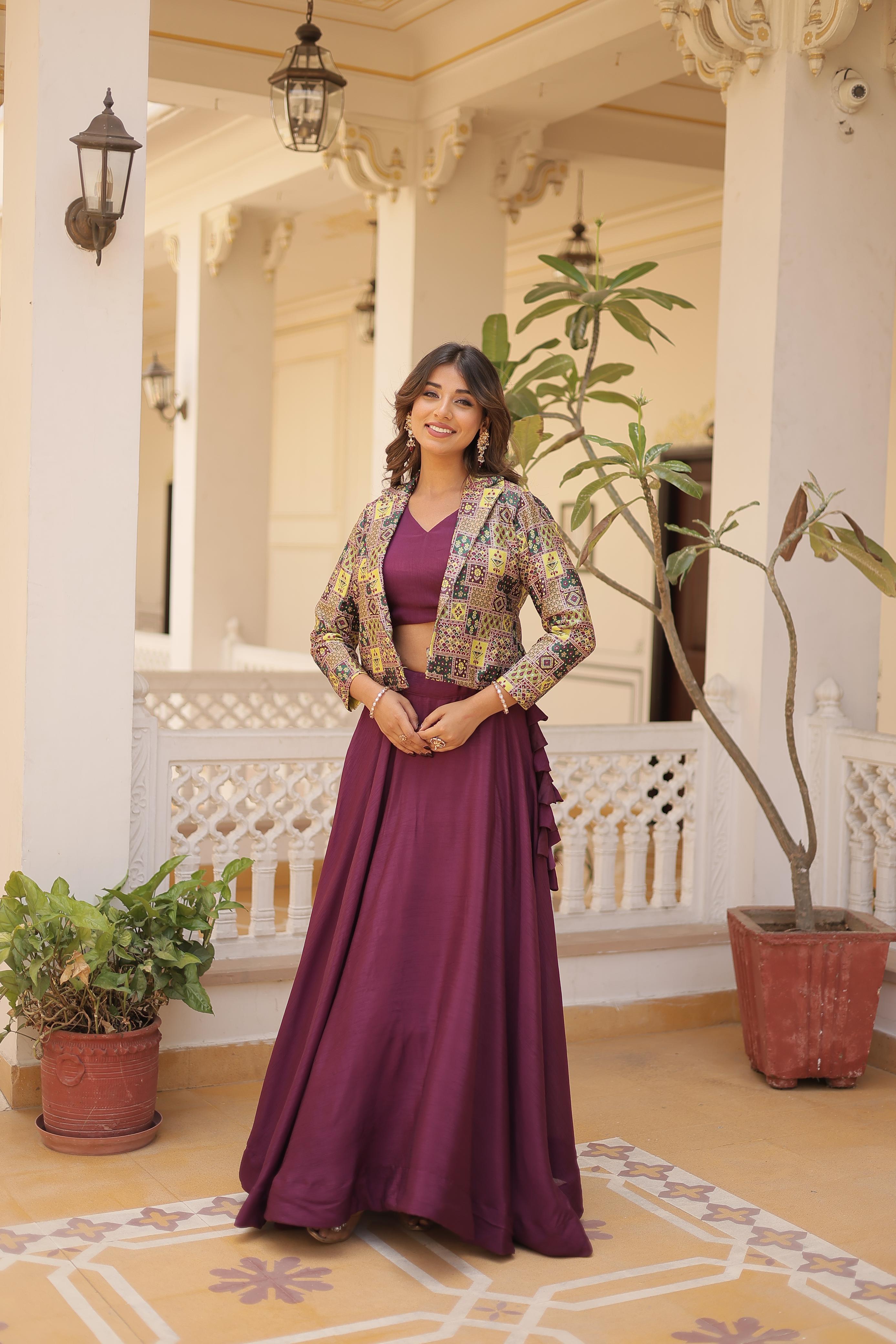 Lorenvalley Purple Premium Chinnon Lehenga Choli with Jacquard Woven Design Koti | Grocsy