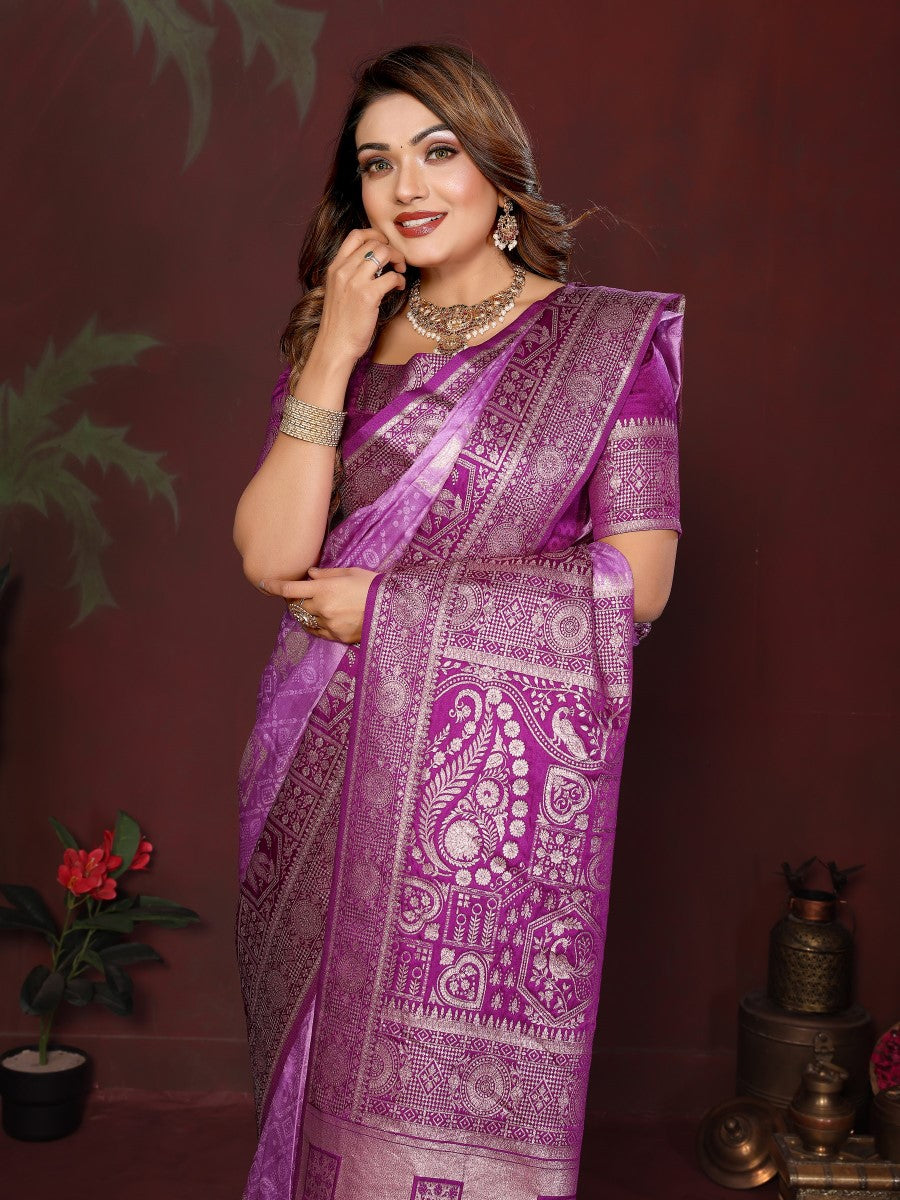 Anaita Purple Zari Butta Work Satin Silk Saree With Blouse | Grocsy