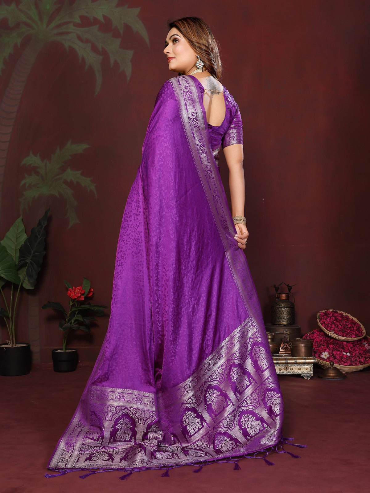 Anaita Purple Zari Weaving Work Satin Silk Saree With Blouse | Grocsy