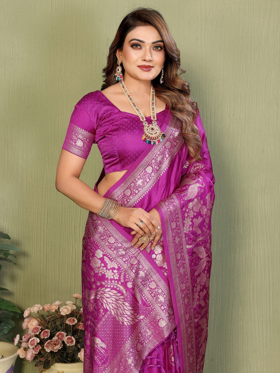 Anaita Purple Zari Butta Work Satin Silk Saree With Blouse | Grocsy