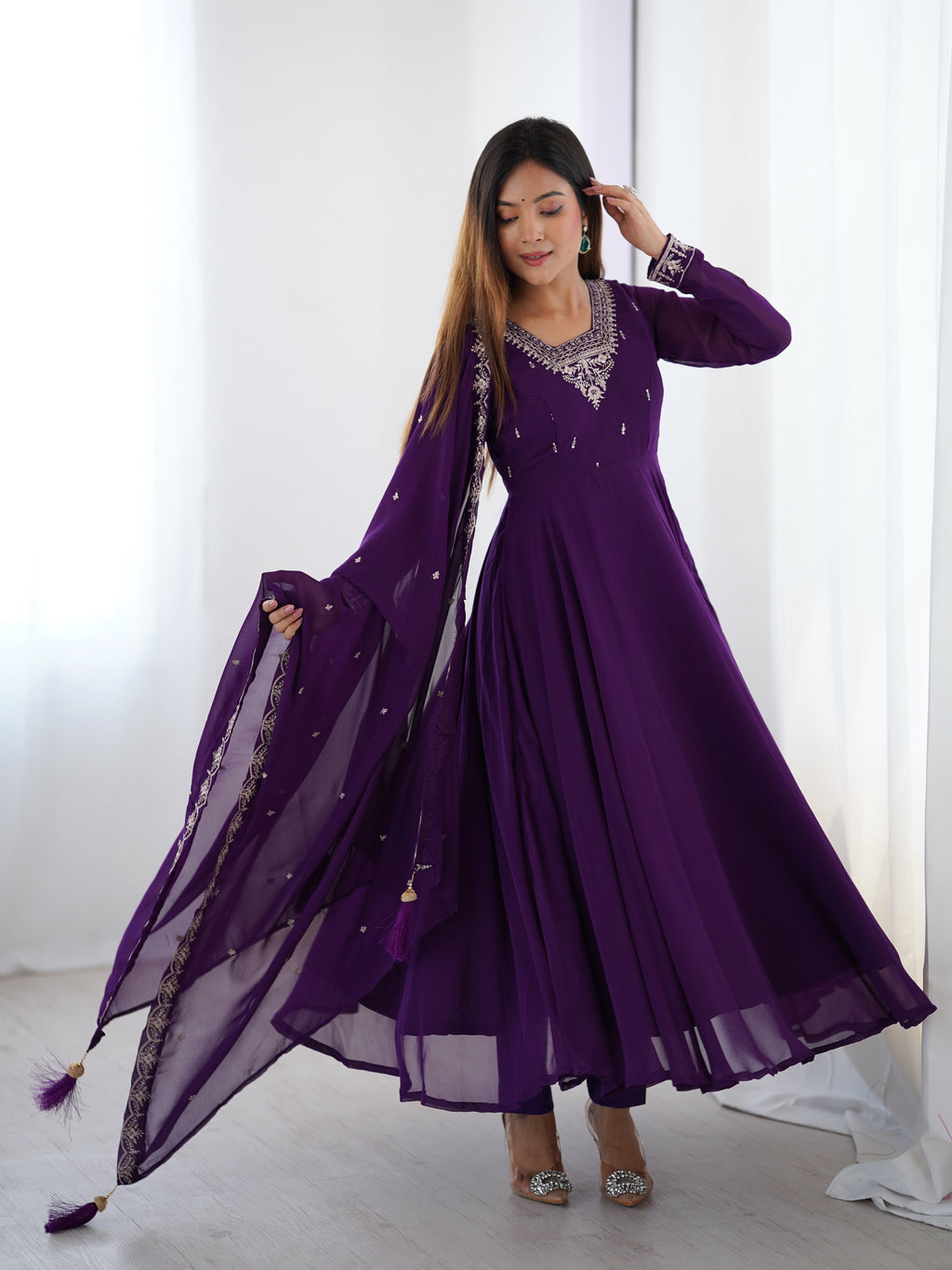 Lorenvalley Purple Faux Georgette Fancy Embroidery Beads And Jari Work Anarkali Kurta Palazzo With Dupatta Set | Grocsy