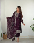 Lorenvalley Wine Rangoli Silk Embroidery Sequence And Thread Work Kurta Trousers with Dupatta Set | Grocsy