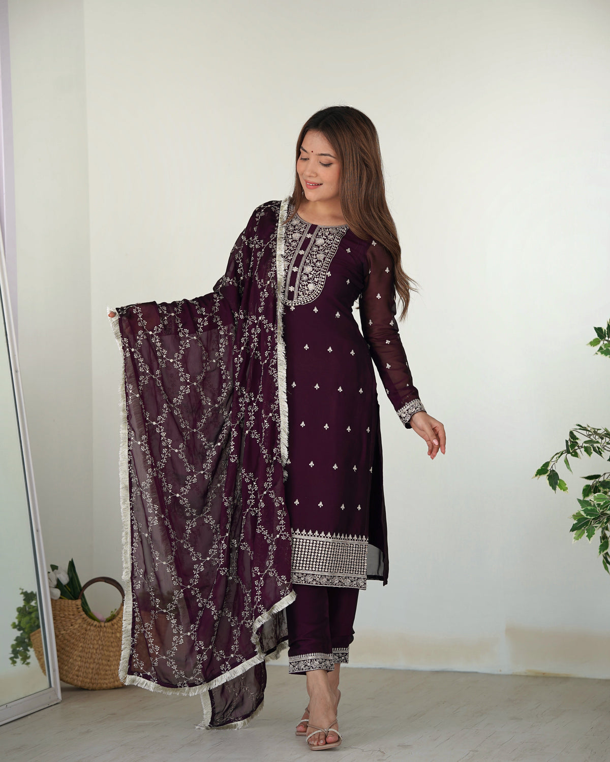 Lorenvalley Wine Rangoli Silk Embroidery Sequence And Thread Work Kurta Trousers with Dupatta Set | Grocsy