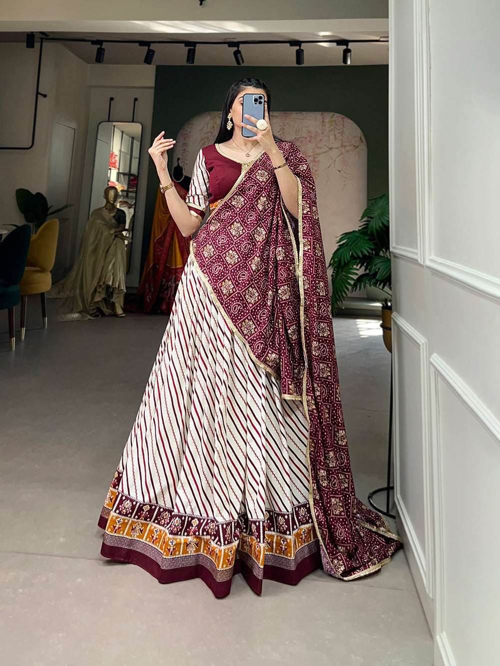Lorenvalley White And Purple Pure Cotton Leheriya With Patola Print Lehenga Choli With Dupatta | Grocsy
