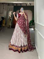 Lorenvalley White And Purple Pure Cotton Leheriya With Patola Print Lehenga Choli With Dupatta | Grocsy