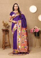 Lorenvalley Fashion Purple Soft Paithani Silk Woven Design Rich Zari Meenakari Weaving Saree | Grocsy