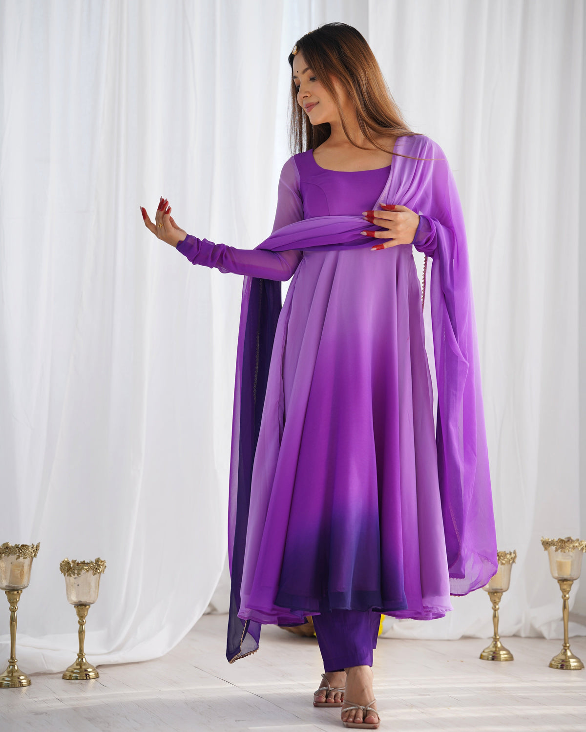 Lorenvalley Women Pure Soft Faux Georgette Colourfull Padding Anarkali Kurta Pant With Dupatta Set | Grocsy