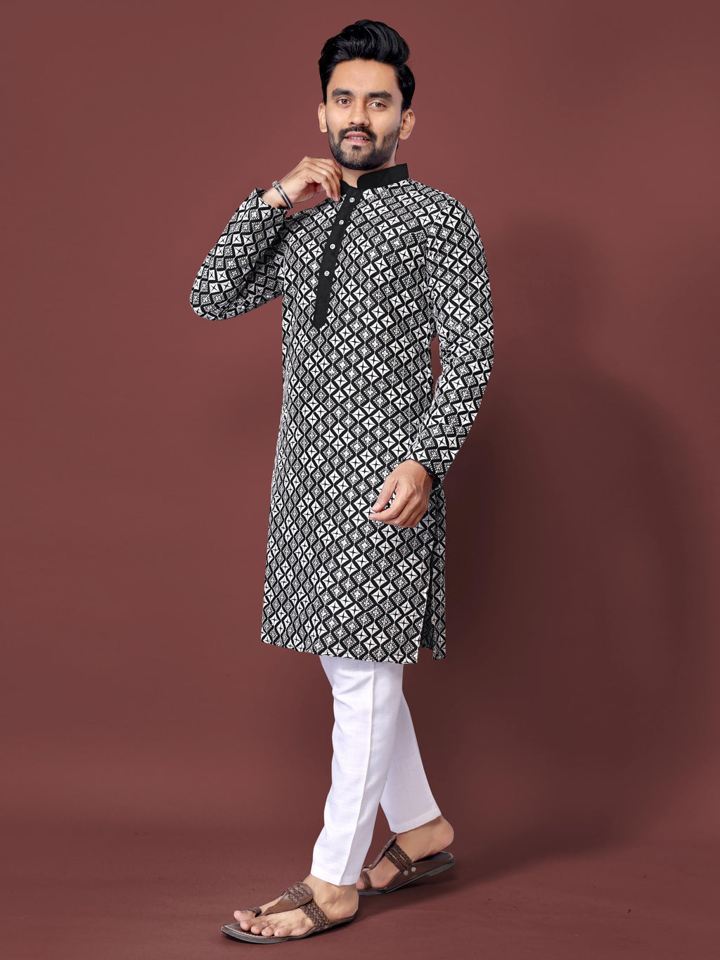 Neera Trendz Black Soft Silk Embroidered Men's Kurta Pyjama | Grocsy