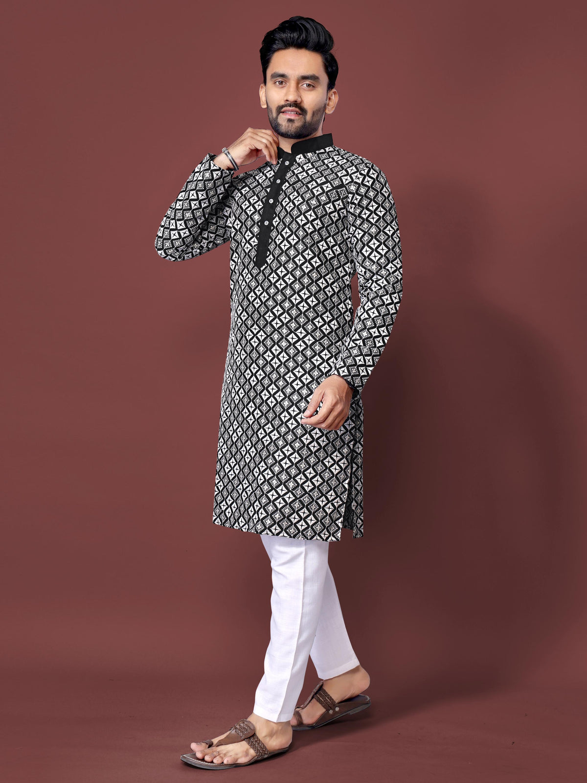Neera Trendz Black Soft Silk Embroidered Men's Kurta Pyjama | Grocsy