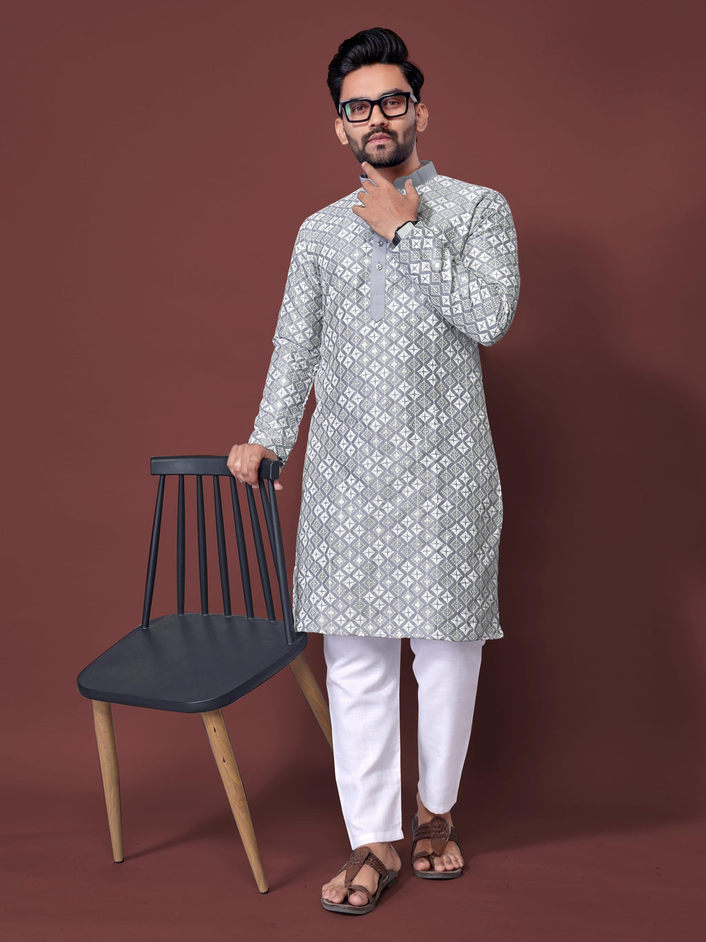 Neera Trendz Grey Soft Silk Embroidered Men's Kurta Pyjama | Grocsy