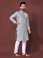 Neera Trendz Grey Soft Silk Embroidered Men's Kurta Pyjama | Grocsy