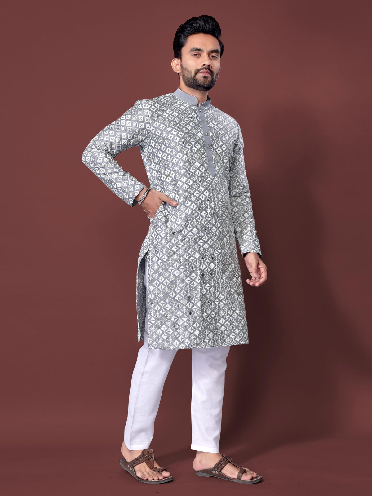 Neera Trendz Grey Soft Silk Embroidered Men's Kurta Pyjama | Grocsy