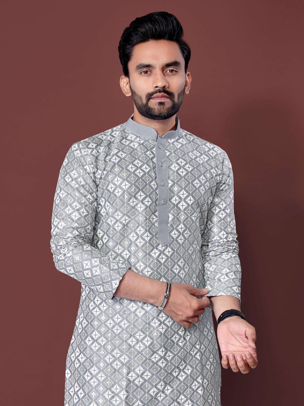 Neera Trendz Grey Soft Silk Embroidered Men's Kurta Pyjama | Grocsy