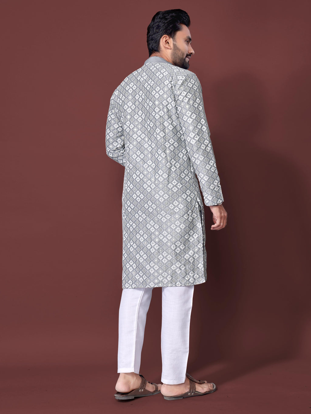 Neera Trendz Grey Soft Silk Embroidered Men's Kurta Pyjama | Grocsy
