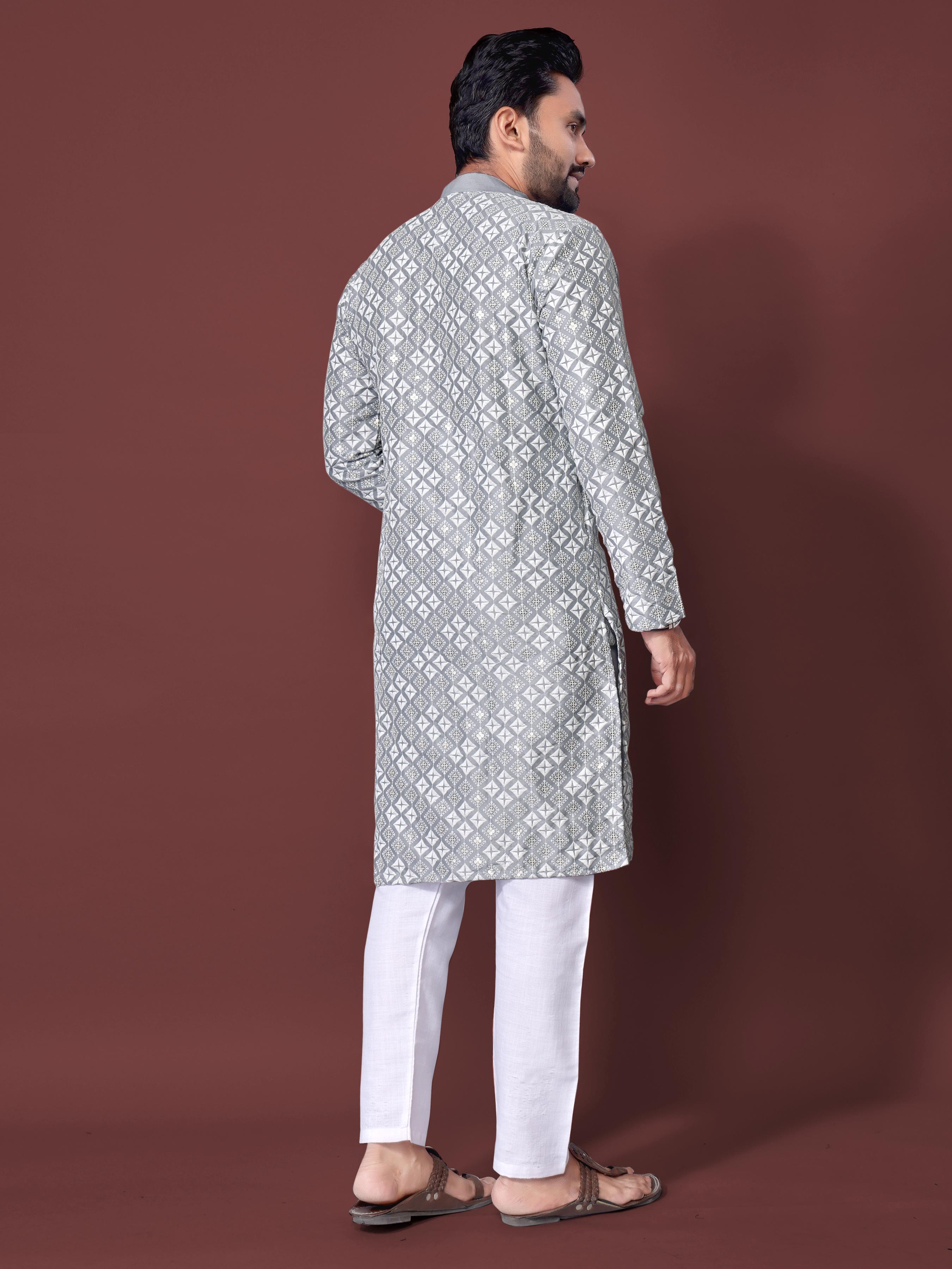 Neera Trendz Grey Soft Silk Embroidered Men's Kurta Pyjama | Grocsy