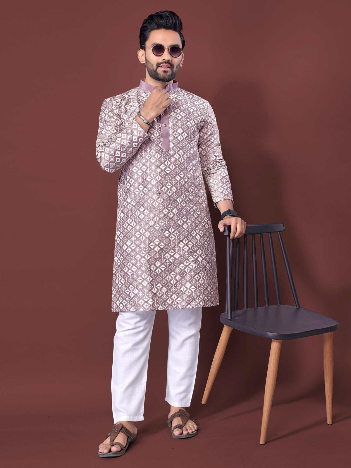 Neera Trendz Light Purple Soft Silk Embroidered Men's Kurta Pyjama | Grocsy