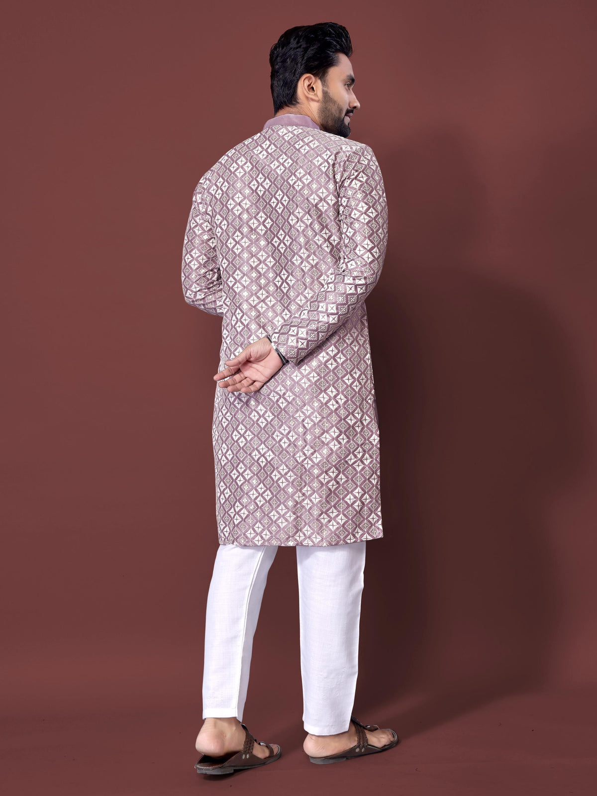 Neera Trendz Light Purple Soft Silk Embroidered Men's Kurta Pyjama | Grocsy