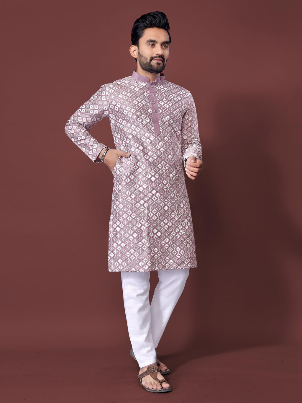 Neera Trendz Light Purple Soft Silk Embroidered Men's Kurta Pyjama | Grocsy