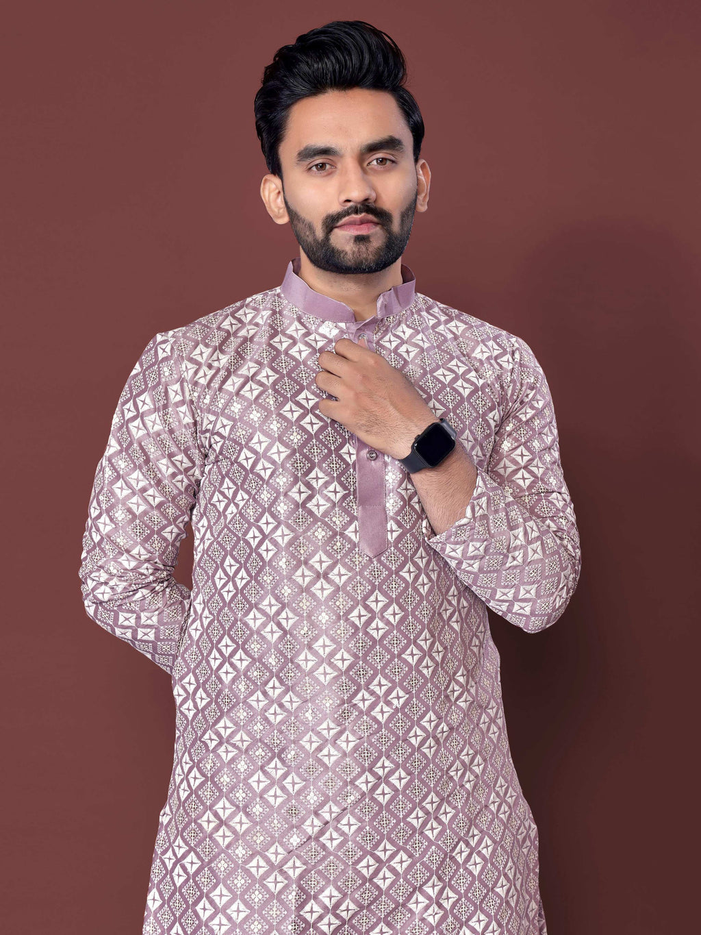Neera Trendz Light Purple Soft Silk Embroidered Men's Kurta Pyjama | Grocsy