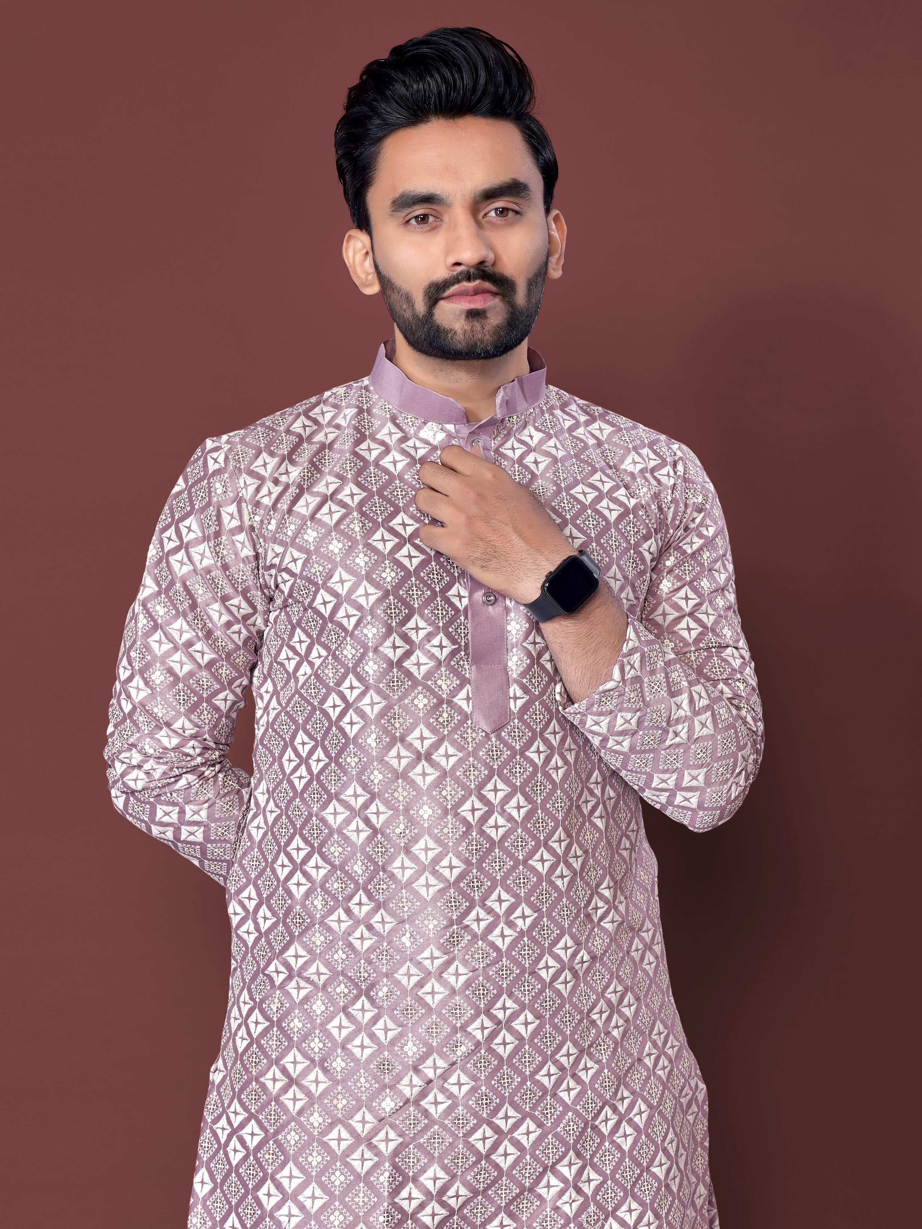 Neera Trendz Light Purple Soft Silk Embroidered Men's Kurta Pyjama | Grocsy