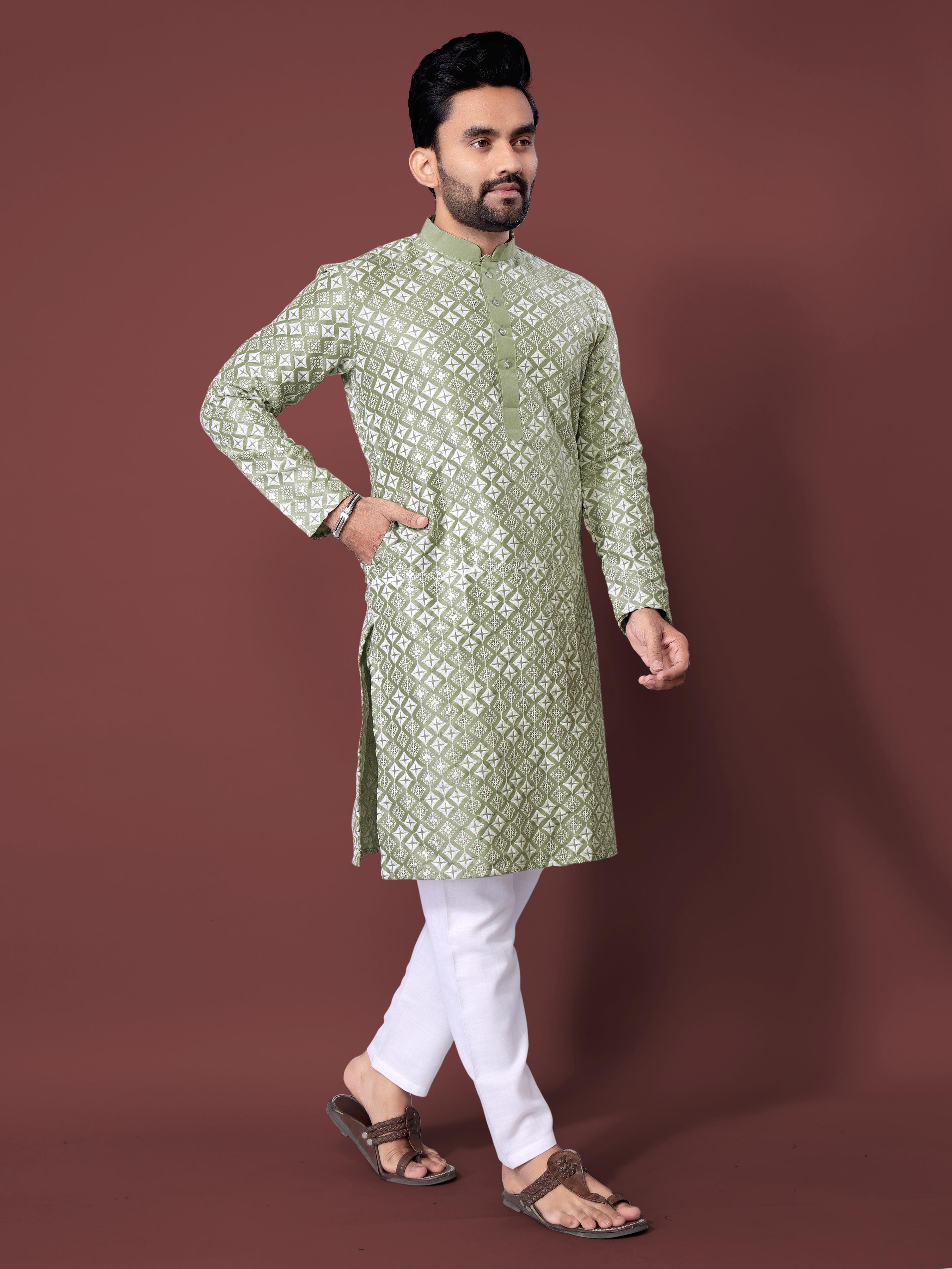 Neera Trendz Olive Soft Silk Embroidered Men's Kurta Pyjama | Grocsy