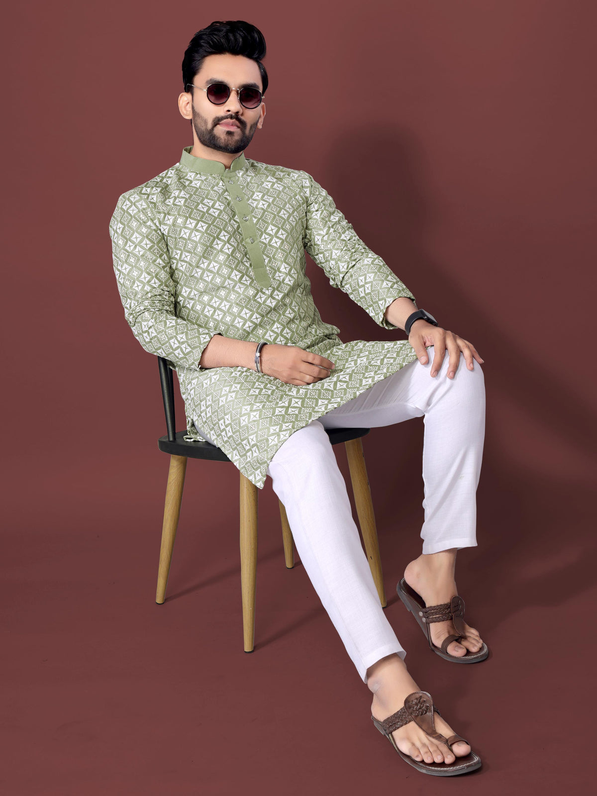 Neera Trendz Olive Soft Silk Embroidered Men's Kurta Pyjama | Grocsy
