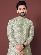 Neera Trendz Olive Soft Silk Embroidered Men's Kurta Pyjama | Grocsy