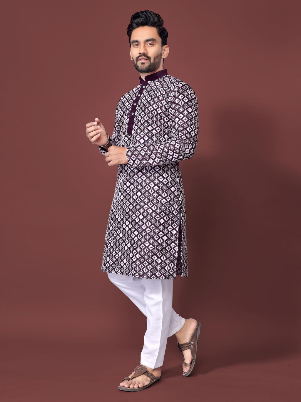 Neera Trendz Purple Soft Silk Embroidered Men's Kurta Pyjama | Grocsy