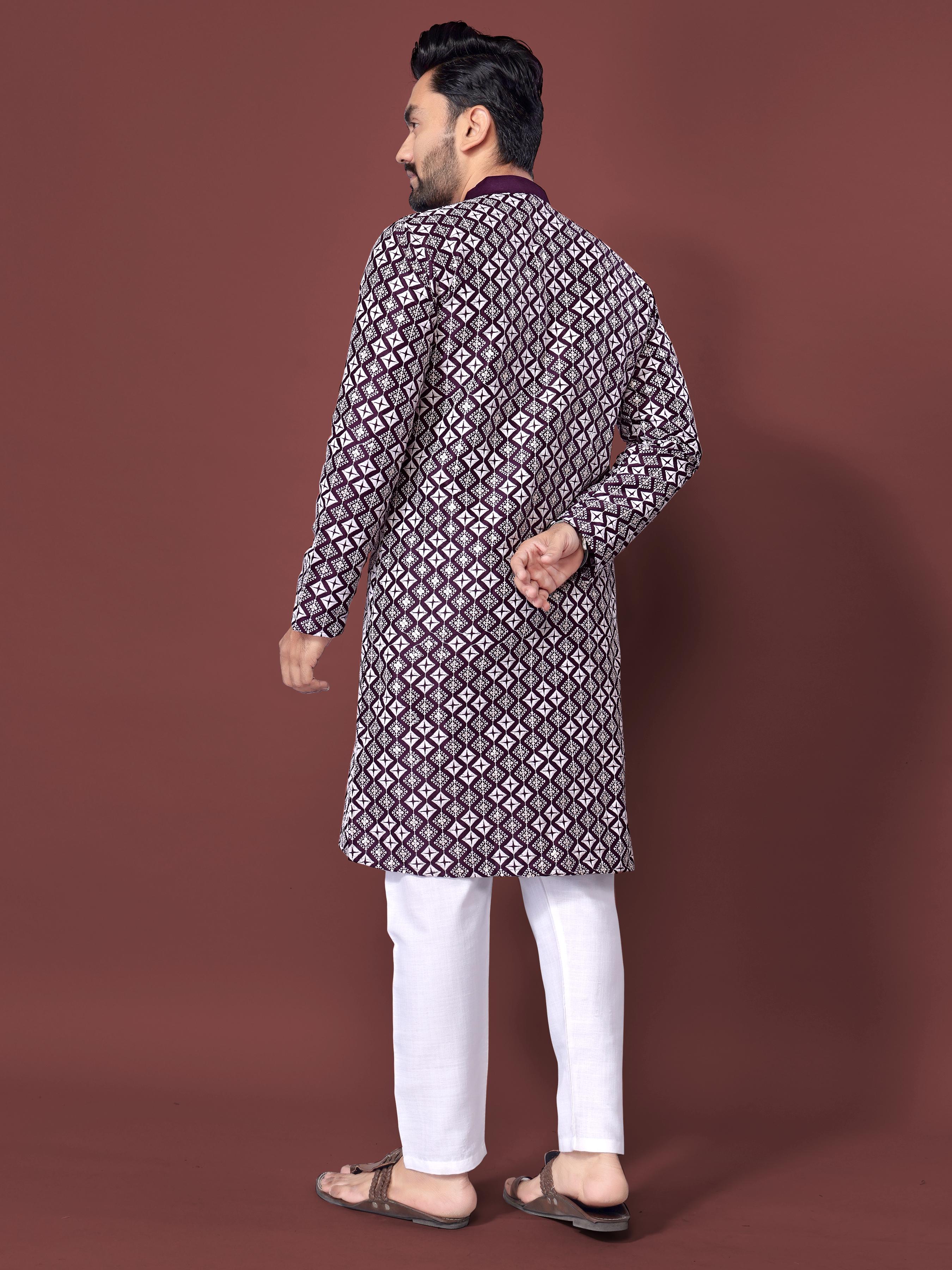 Neera Trendz Purple Soft Silk Embroidered Men's Kurta Pyjama | Grocsy