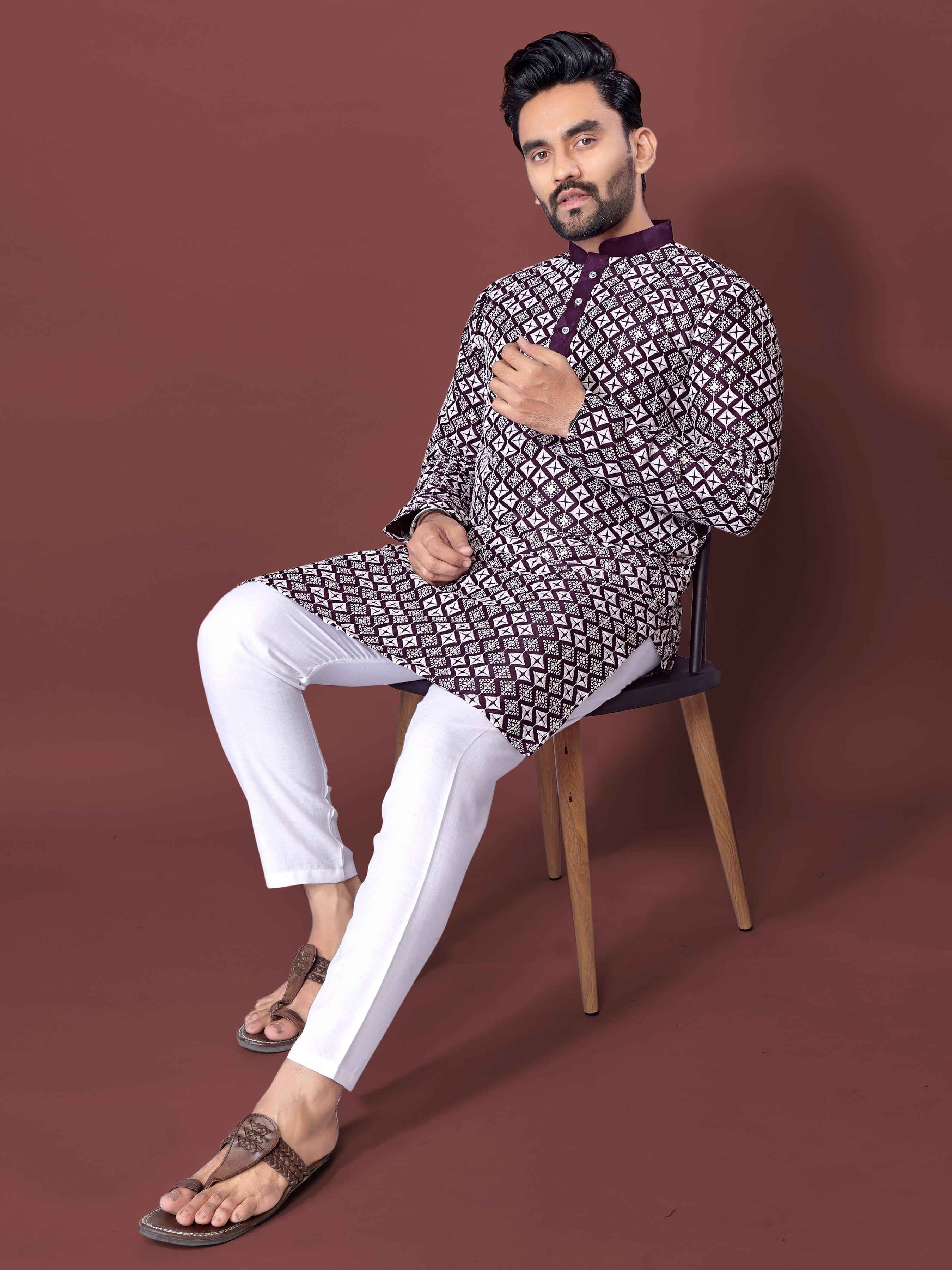 Neera Trendz Purple Soft Silk Embroidered Men's Kurta Pyjama | Grocsy
