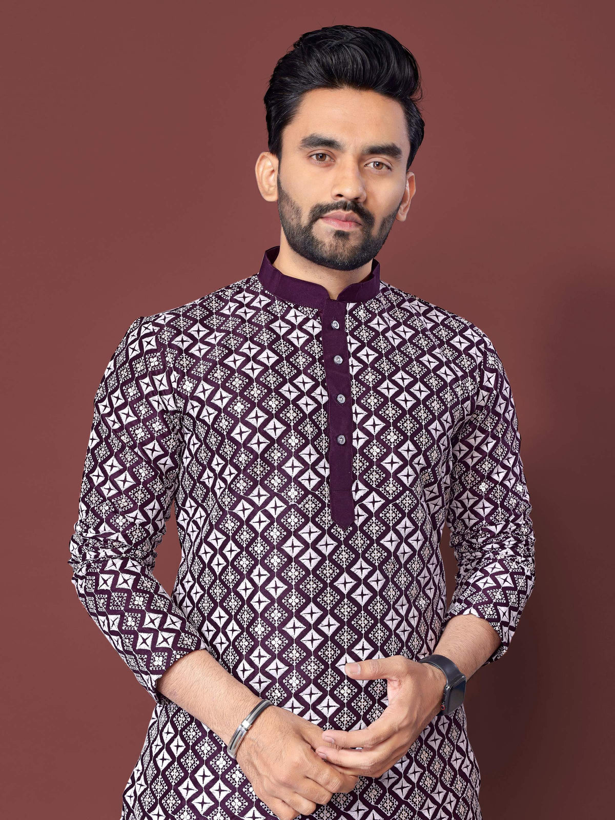 Neera Trendz Purple Soft Silk Embroidered Men's Kurta Pyjama | Grocsy