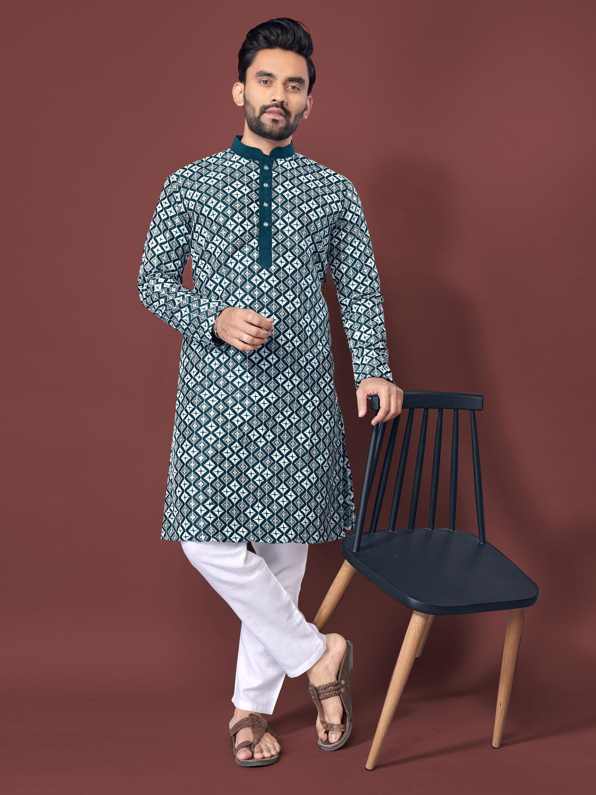 Neera Trendz Teal Soft Silk Embroidered Men's Kurta Pyjama | Grocsy