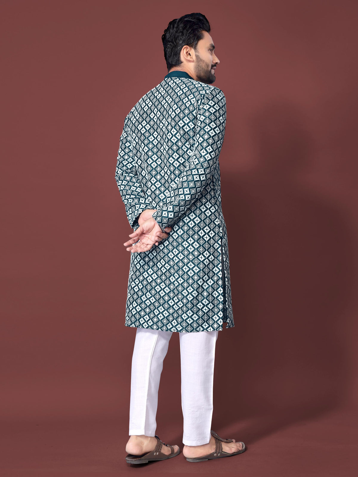 Neera Trendz Teal Soft Silk Embroidered Men's Kurta Pyjama | Grocsy
