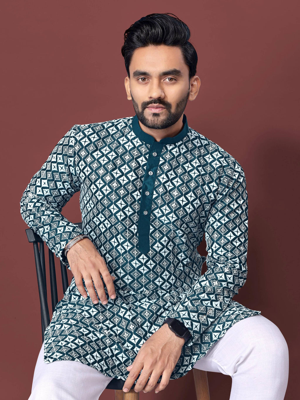 Neera Trendz Teal Soft Silk Embroidered Men's Kurta Pyjama | Grocsy